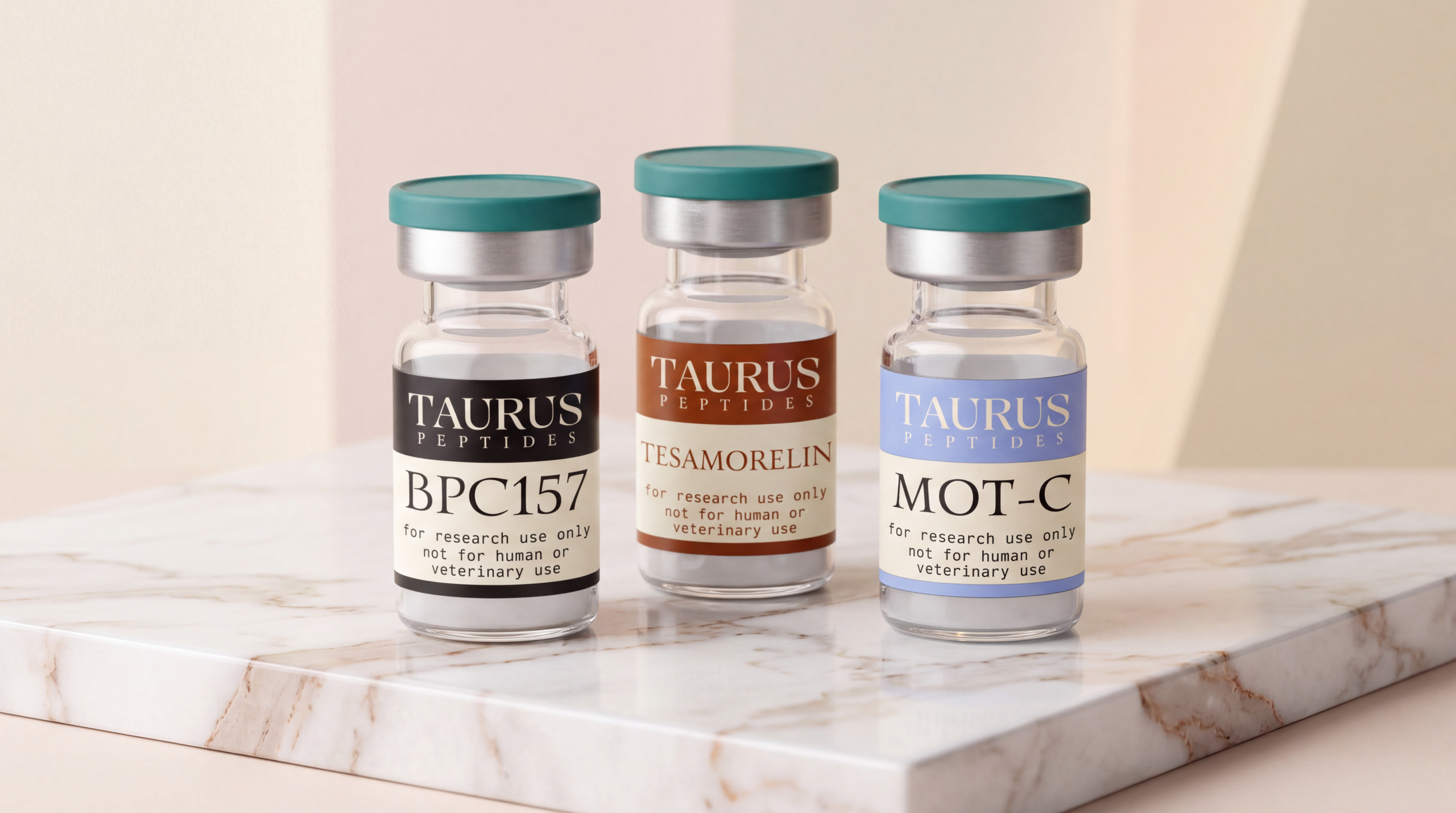 Three Taurus Peptides research vials on a marble plinth