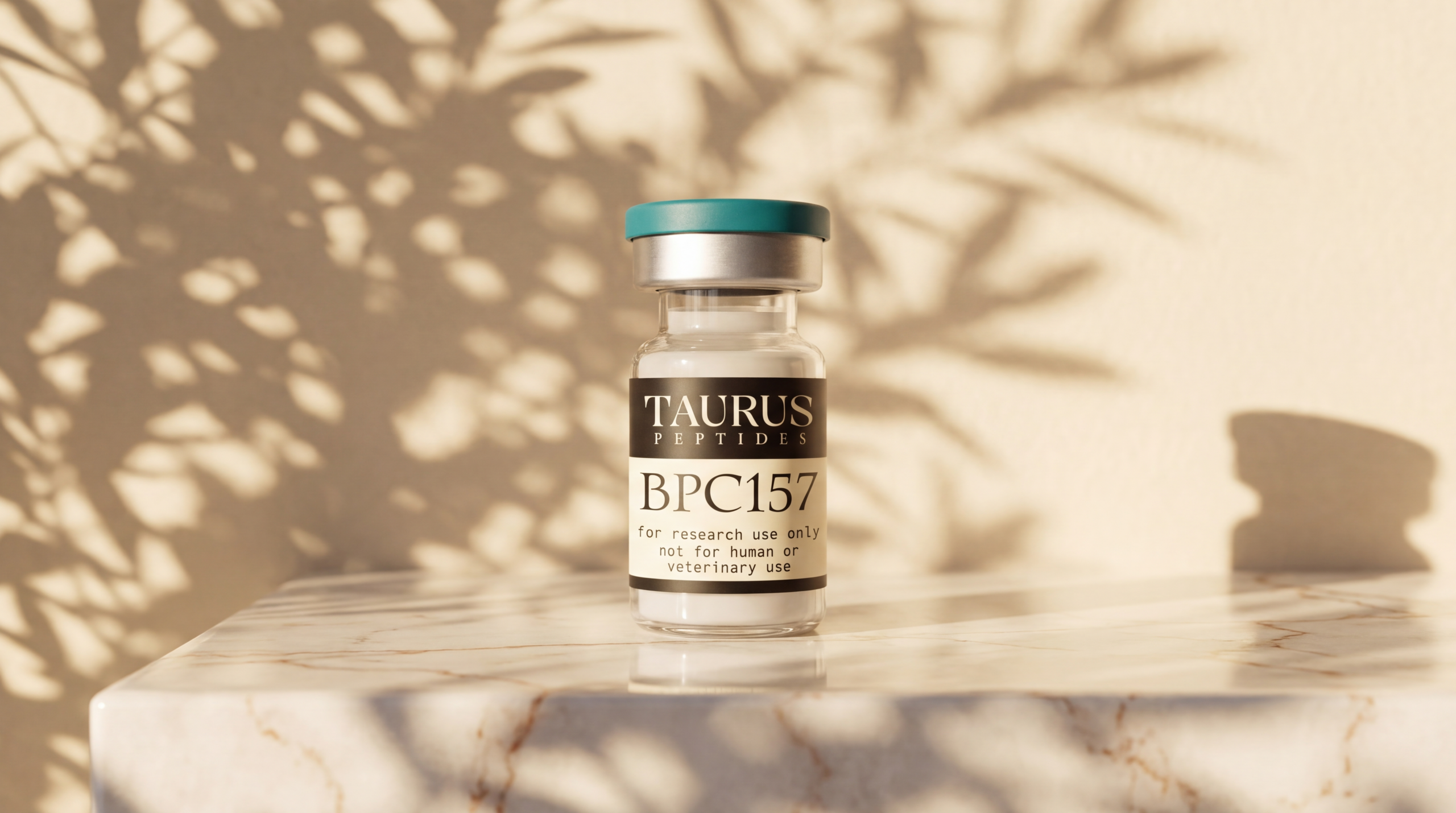 Taurus Peptides vial on a marble ledge in afternoon light