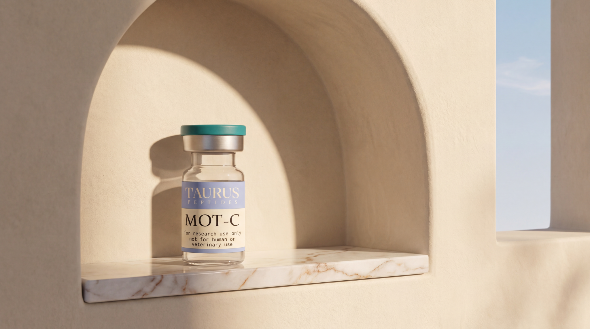 Taurus Peptides vial in a sunlit arched niche